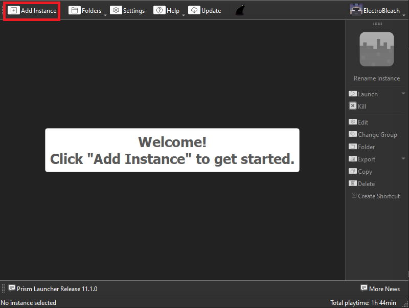 Prism Launcher's main window, with the Add Instance button highlighted in the top-left corner