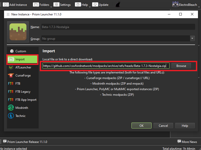 The Import pane of the New Instance window, with Import selected on the left and the pack link pasted into the direct-download field